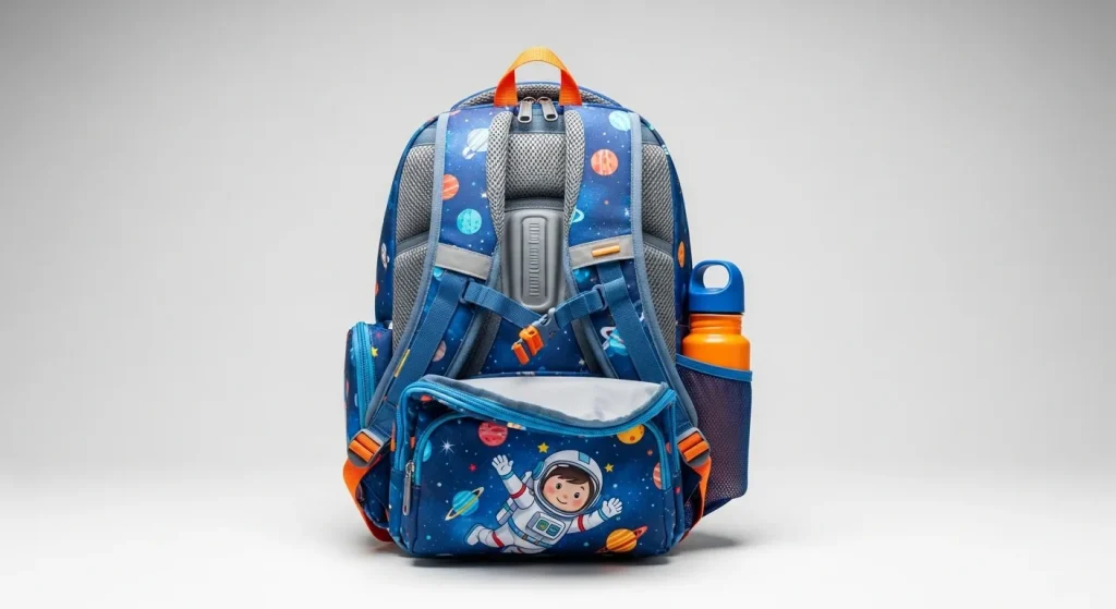 A colorful backpack with padded straps and multiple compartments sits on a table.