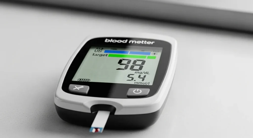 A digital blood glucose meter with a healthy reading displayed, showing color-coded indicators and a small drop of blood on the test strip.