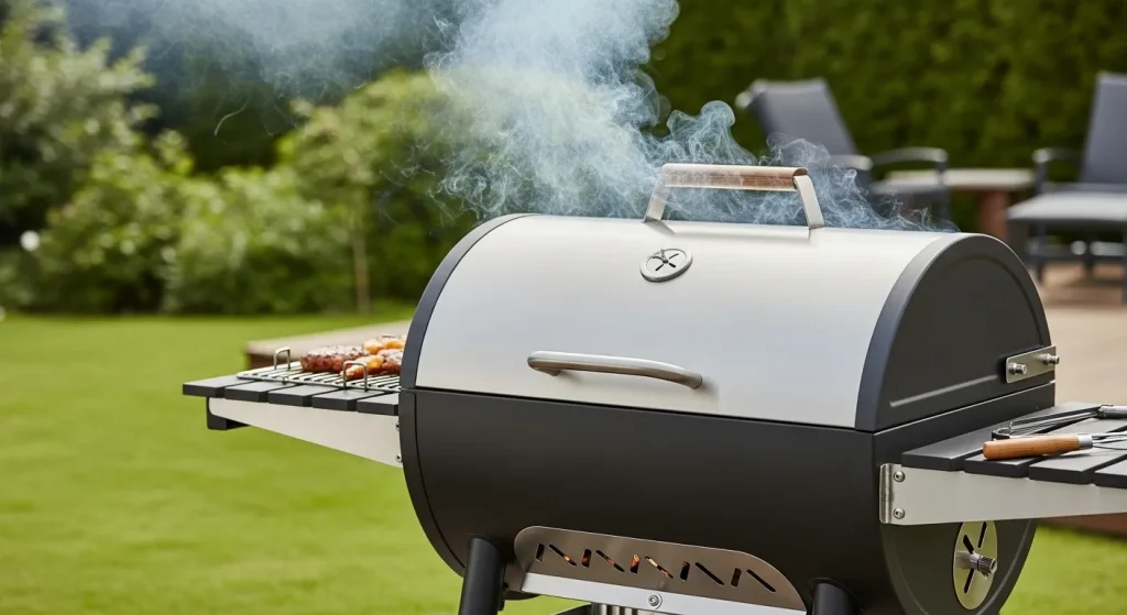 A charcoal grill with a lid, positioned outdoors, emitting smoke.