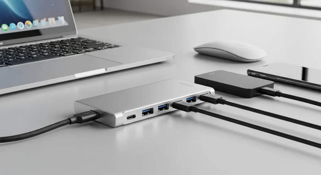 A silver aluminum USB-C hub with multiple ports is connected to a laptop and other devices on a clean, light-colored desk.
