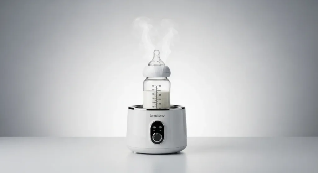 A close-up photograph of a modern bottle warmer, showing its controls and a baby bottle inside.