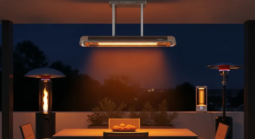 A modern suspended patio heater with a carbon fiber element, other patio heaters, and a patio setting at night.