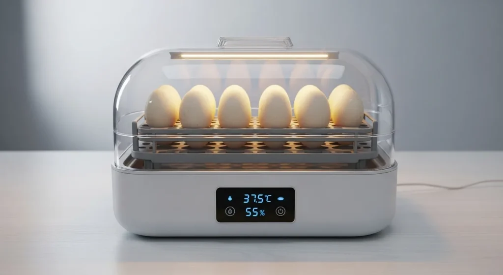 A modern egg incubator with a transparent lid showing chicken eggs in trays, a digital display indicating temperature and humidity, and a light illuminating the interior.