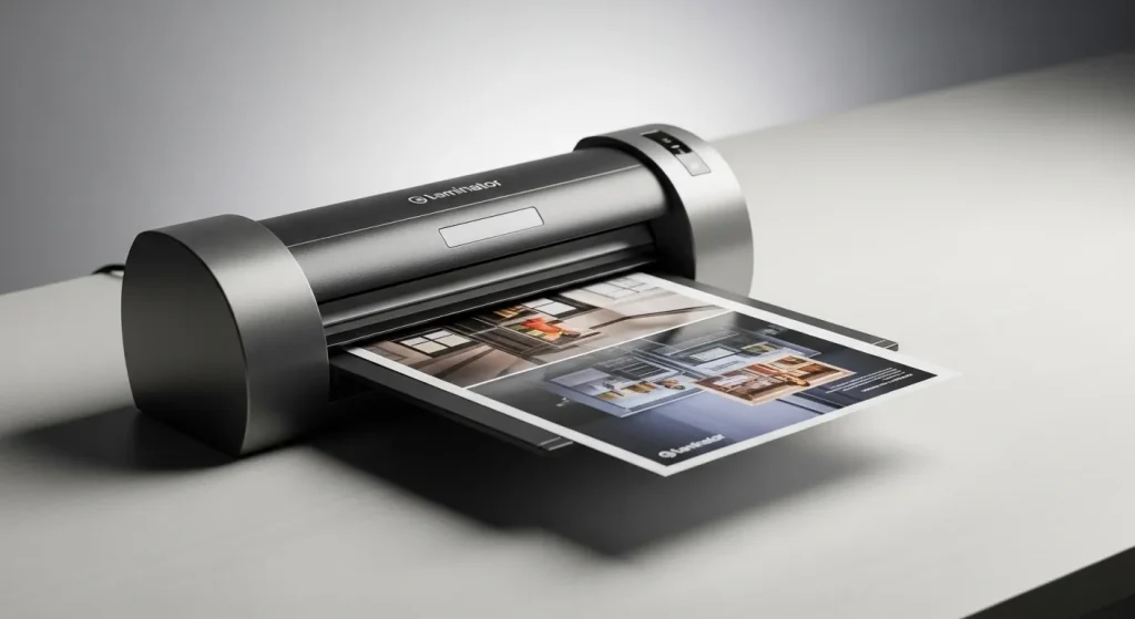 A laminator on a desk with a sheet of paper being fed into it.