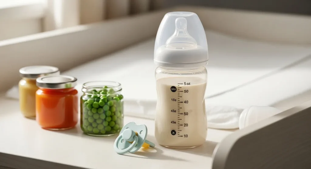 A baby bottle of Nestle NAN 1 Optipro formula sits on a changing table next to baby supplies.