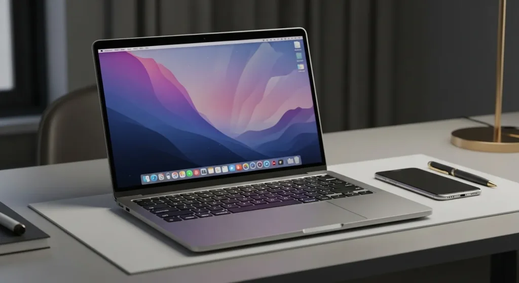 A metallic laptop computer sits on a desk next to a smartphone and pen; the laptop screen displays a high-definition image.