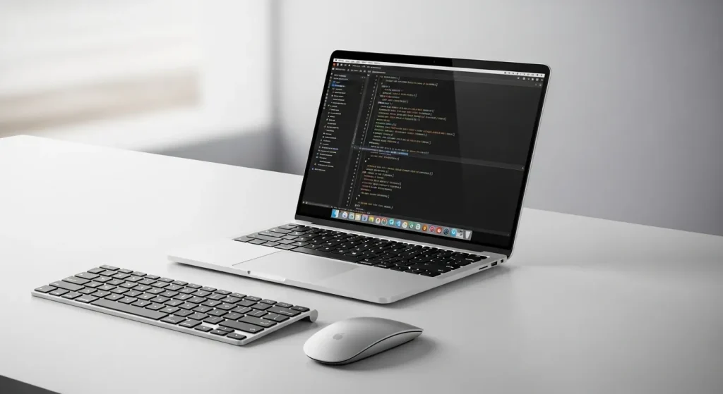 A silver laptop computer sits on a desk with a keyboard and mouse.
