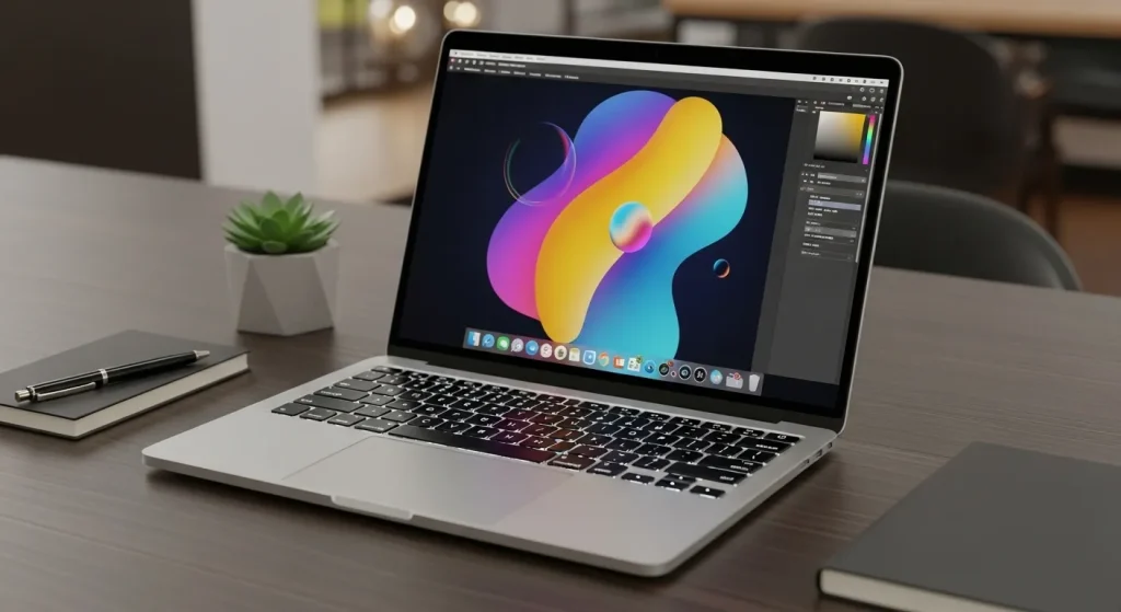 A silver laptop computer with a bright screen displaying a graphic design, sitting on a desk with other organized items.