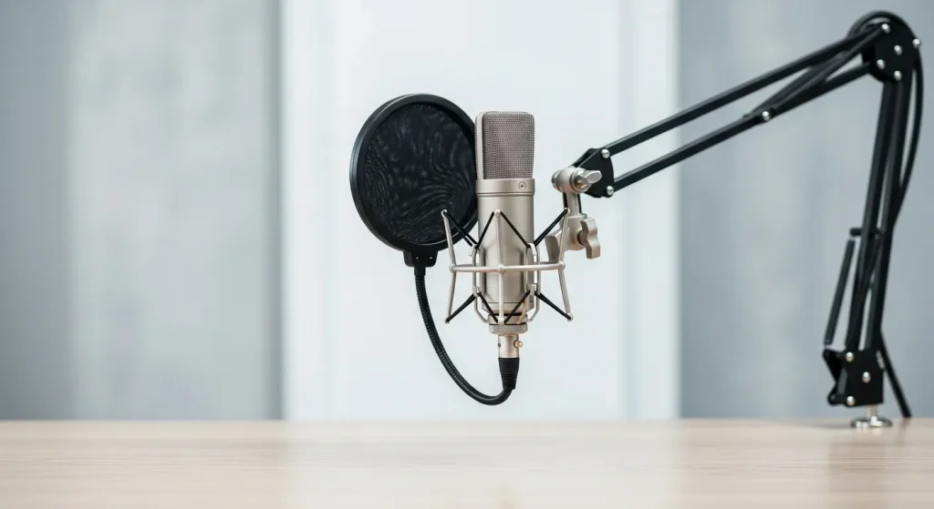 A close-up shot of a USB condenser microphone mounted on a desk-mounted boom arm, with a pop filter attached.