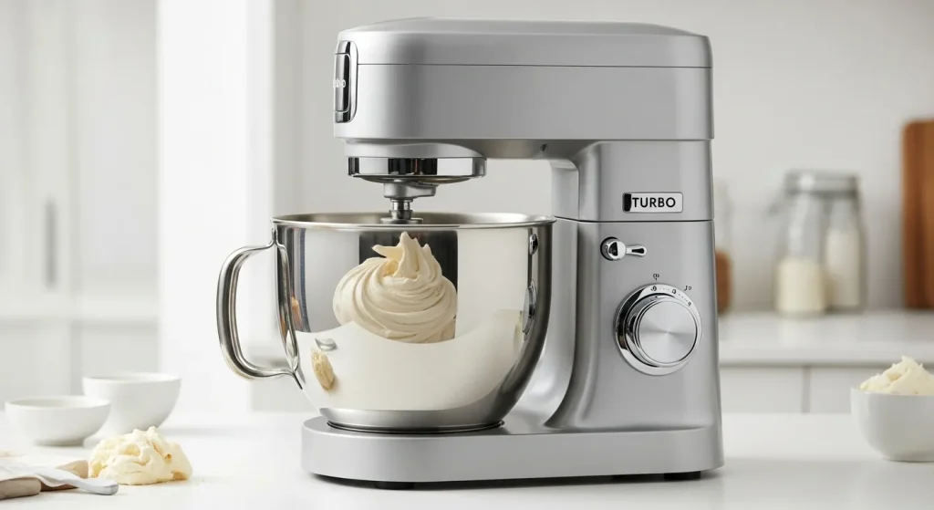A stainless steel stand mixer with a rotating bowl, multiple speed settings, and a turbo function.