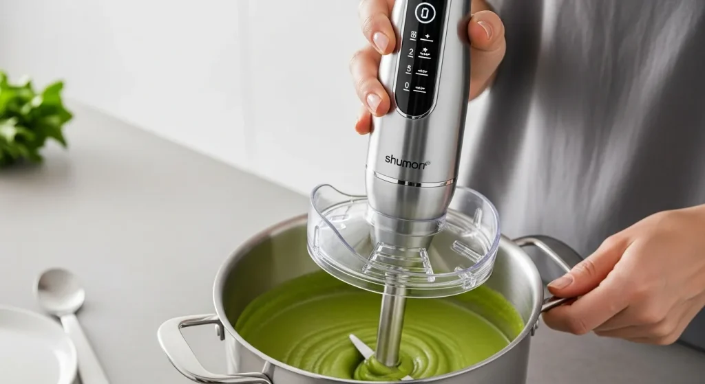 A silver hand blender with a splash guard is immersed in a pot of green soup.