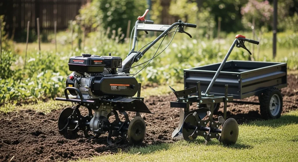 A powerful gasoline-powered tiller with various attachments, including a plow, cultivator, and trailer, sits in a garden setting.