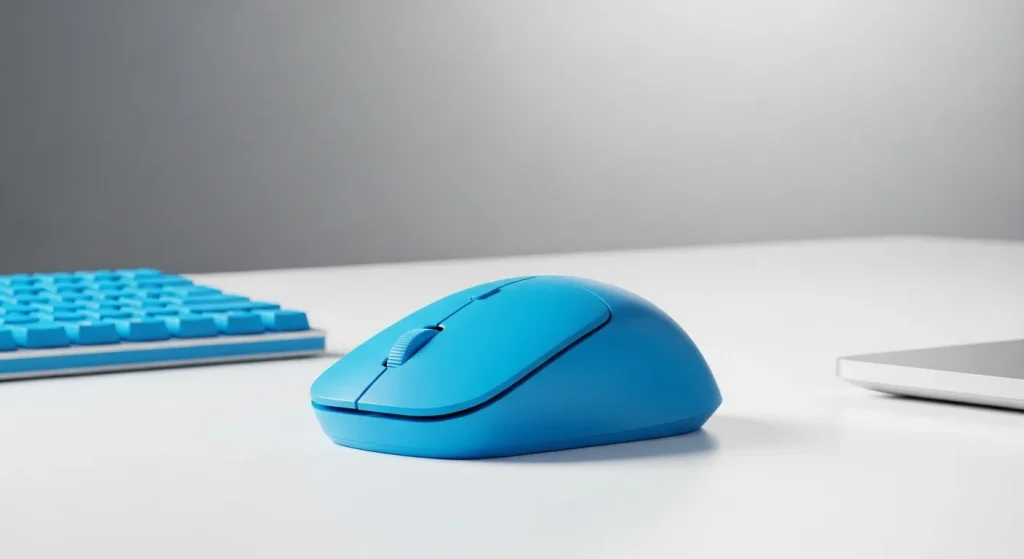 A close-up shot of a colorful wireless mouse on a clean desk with other technological accessories.