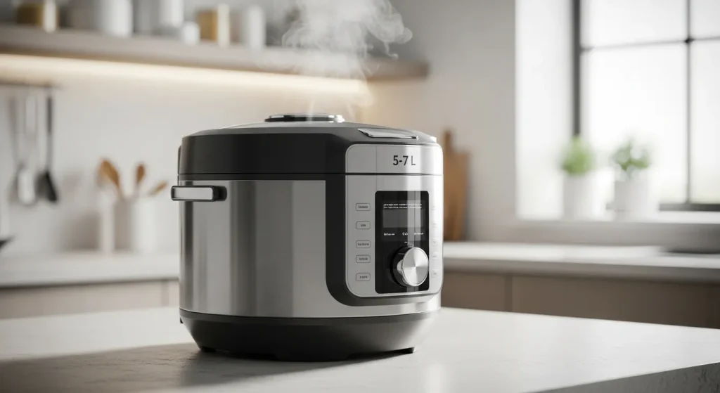 A stainless steel multicooker with a large capacity sits on a kitchen counter.