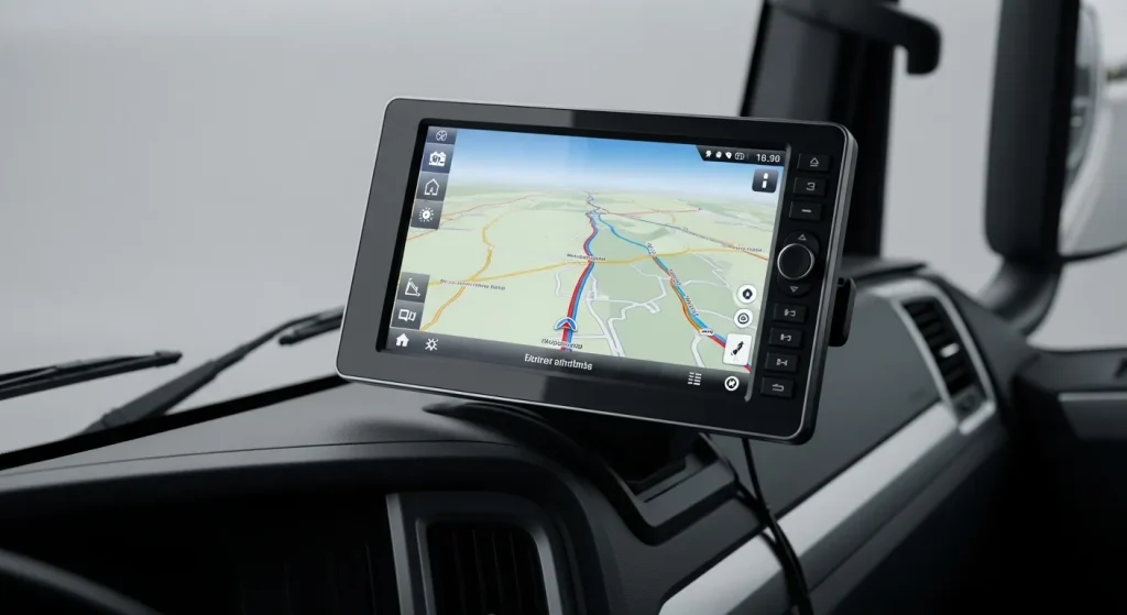 A truck's dashboard with a large GPS navigation device mounted, displaying a detailed road map.