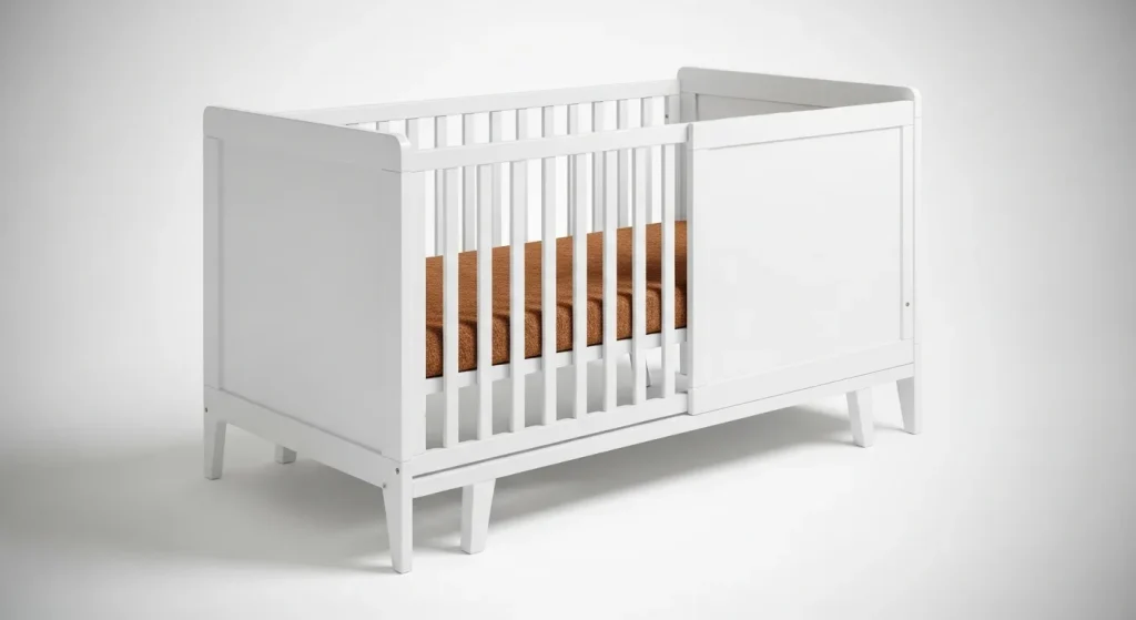 A white wooden crib with a coconut fiber mattress and a sliding side panel.