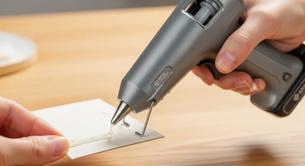 A close-up of a cordless glue gun applying hot glue to a surface, with various crafting materials visible in the background.