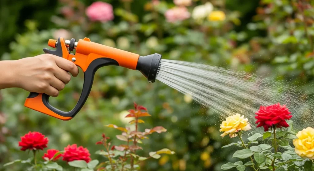 A person's hand holds a multi-function garden watering pistol spraying water in a wide cone pattern onto plants.