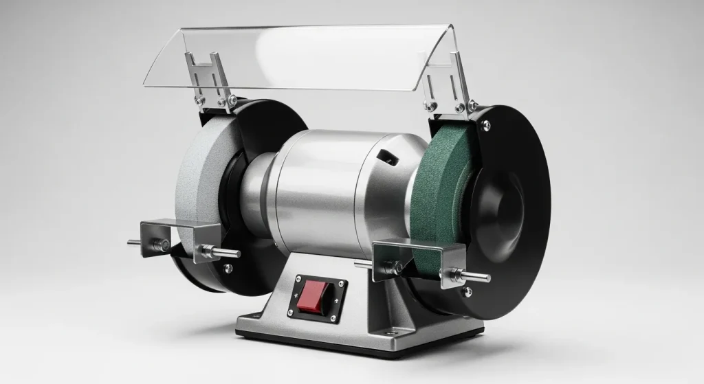 A close-up of a bench grinder with two abrasive wheels, adjustable tool rests, and a safety shield.