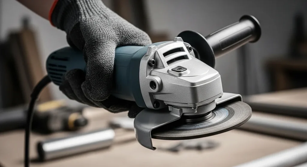 A person's hand holding a metallic angle grinder with a visible grinding disc.