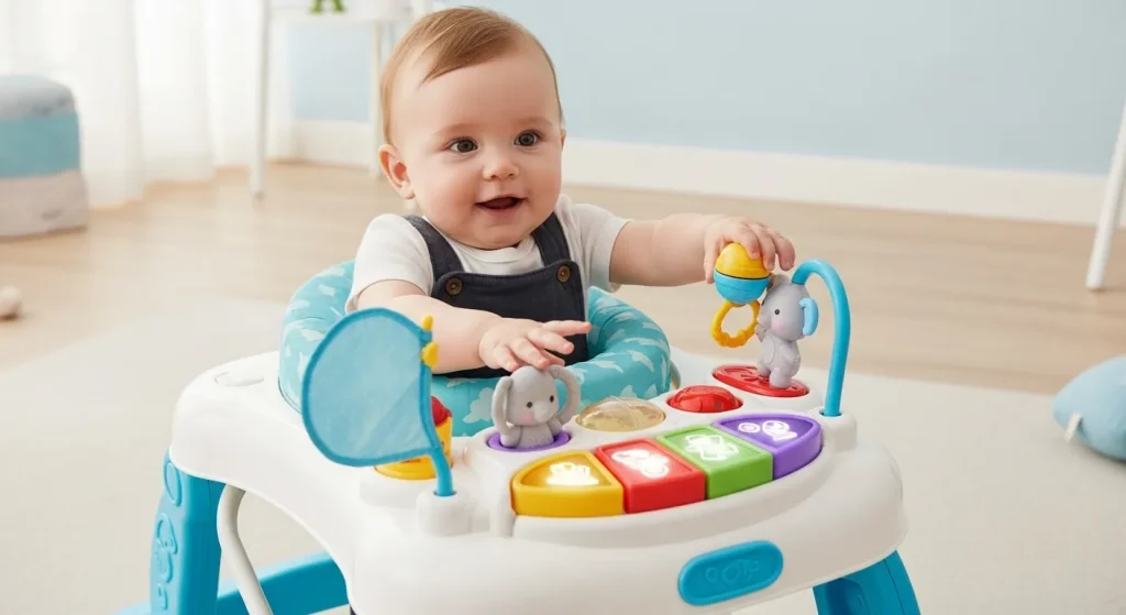 A baby sits in a brightly colored walker with an activity panel, inside a room.