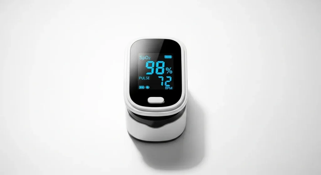 A pulse oximeter with a digital display showing oxygen saturation and heart rate.
