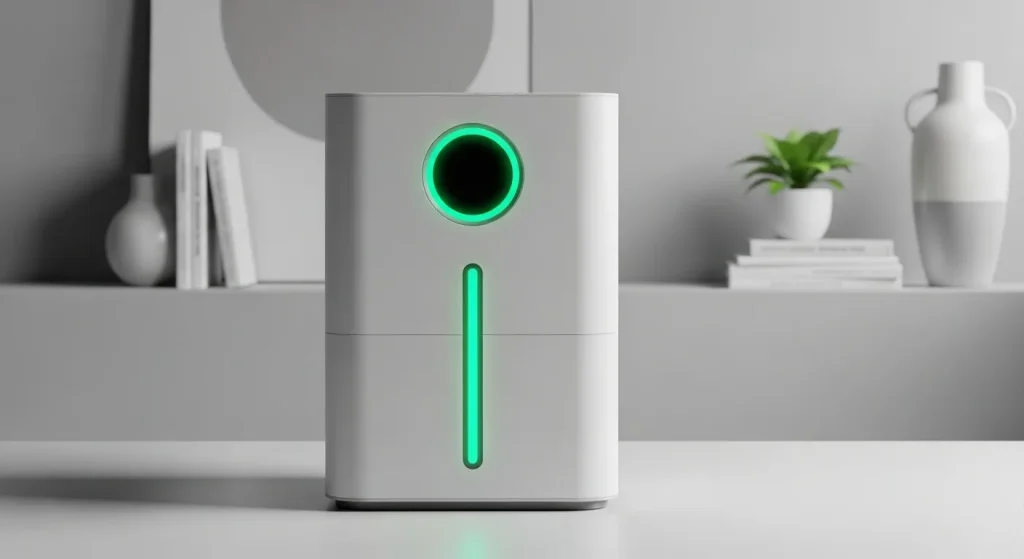 A modern air purifier with a digital display showing air quality indicators sits on a table in a clean, brightly lit room.