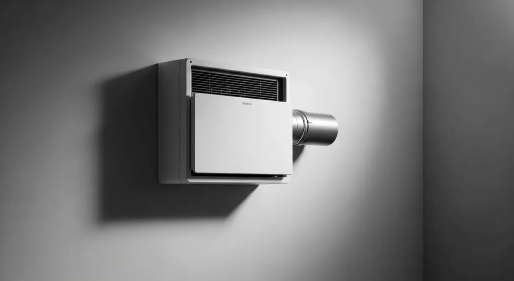 A modern, wall-mounted ventilation system with a telescopic duct, showing the intake and exhaust vents.