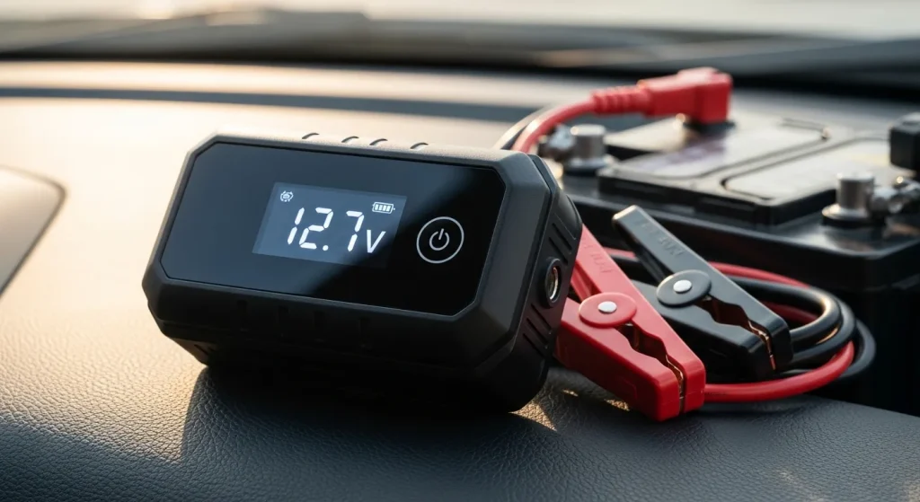 A car battery charger with digital display and attached clamps rests on a car dashboard, with a portion of the car battery visible in the background.