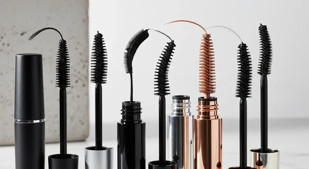 Several tubes of mascara with different brush applicators are arranged together.