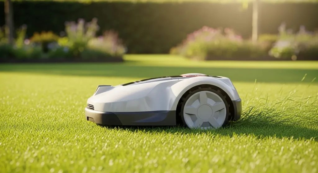 A robotic lawnmower cuts grass on a meticulously landscaped lawn, navigating around flowerbeds and trees.