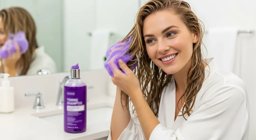 A person applying purple-colored hair shampoo to their hair.