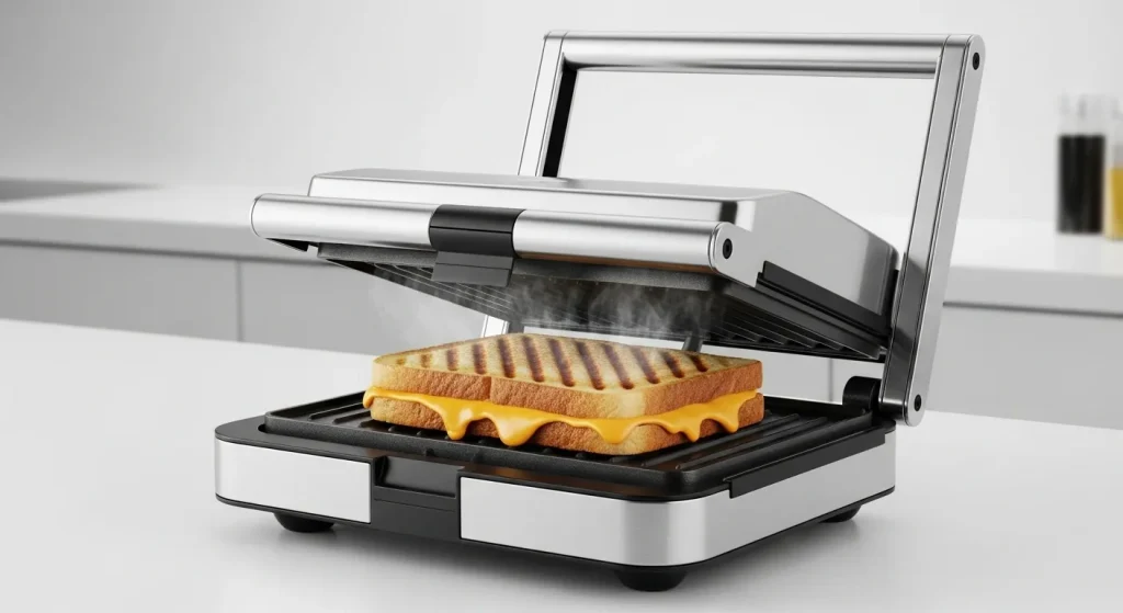 A closed sandwich maker with a panini inside, showing grill marks on the bread and melted cheese.