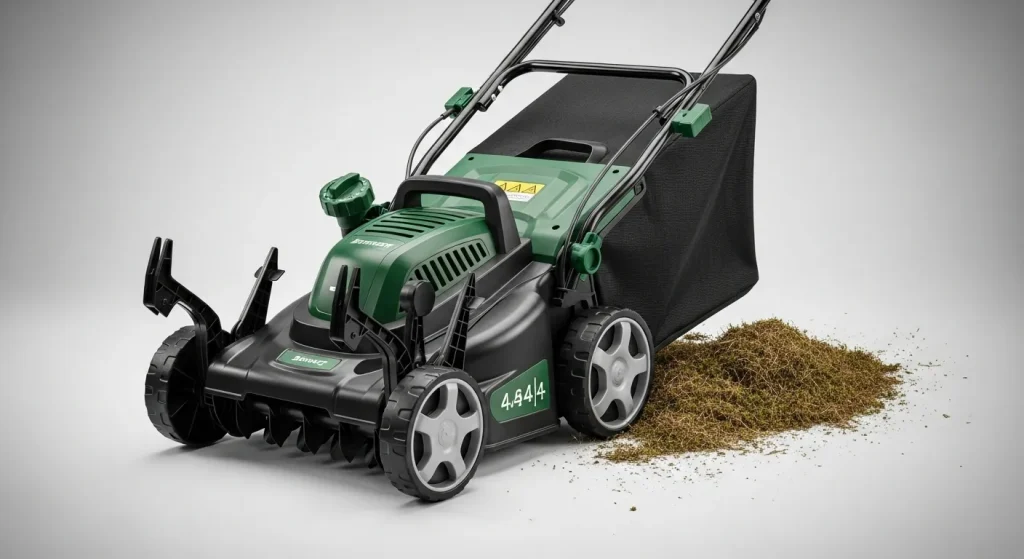 An electric lawn scarifier and aerator with a collection bag, showcasing its dual functionality and adjustable height settings.