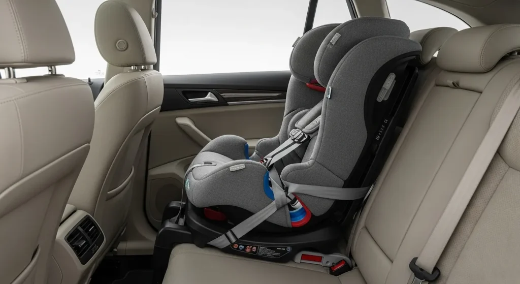 A child car seat installed with ISOFIX in a car's back seat.