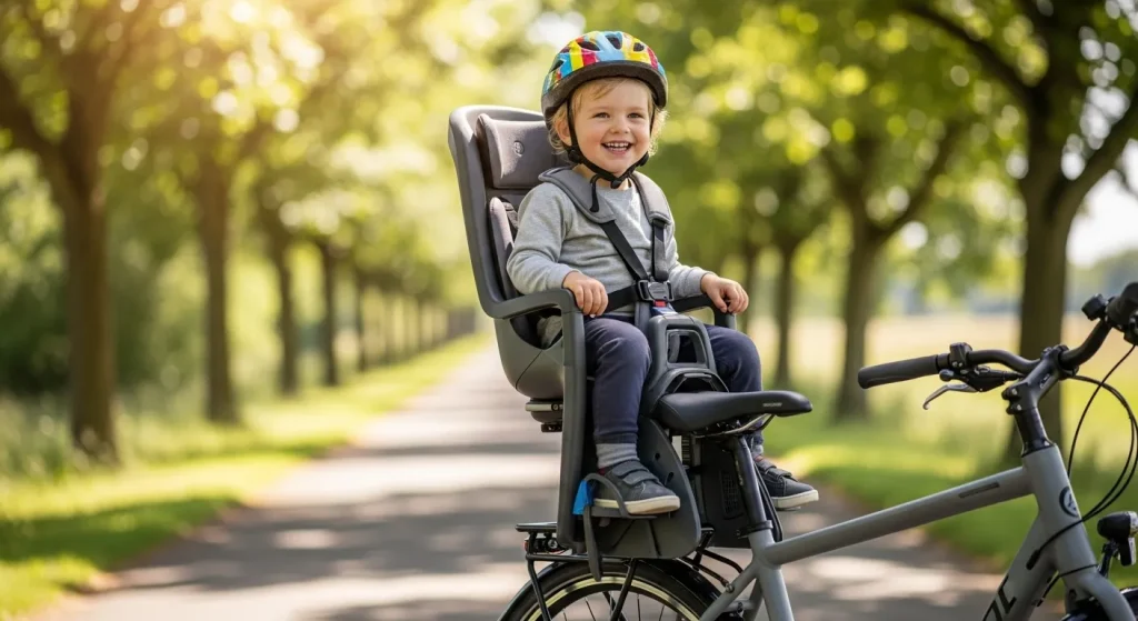 A child sits securely in a bicycle seat mounted on the back of a bicycle, fastened with safety straps.