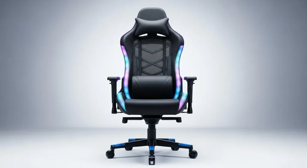 A modern gaming chair with adjustable lumbar support and possibly RGB lighting.