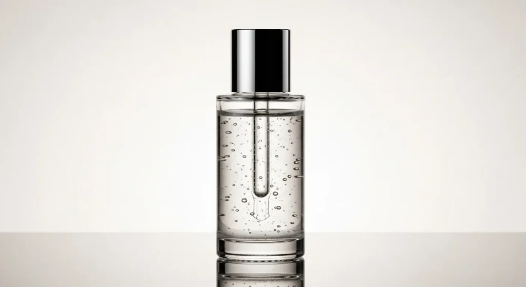 A clear glass bottle of serum with a minimalist label featuring the word "Niacinamide.