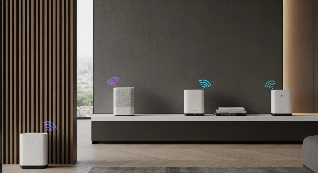 Three modern Wi-Fi mesh network nodes are placed in different rooms of a house, illustrating complete coverage.