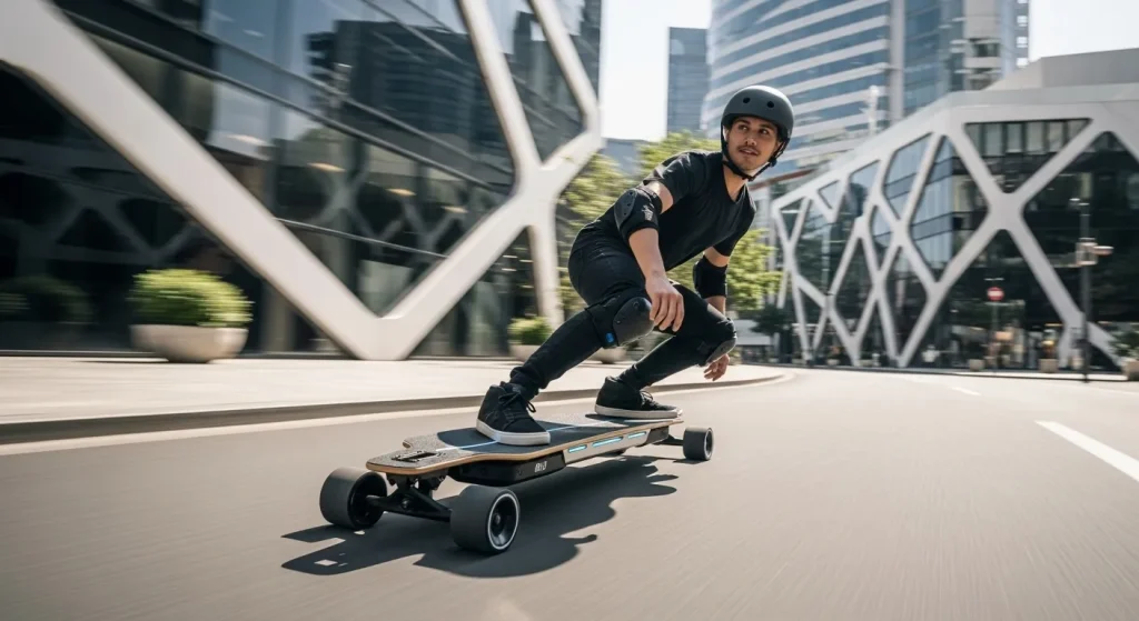 A person riding a modern electric skateboard through a city street.