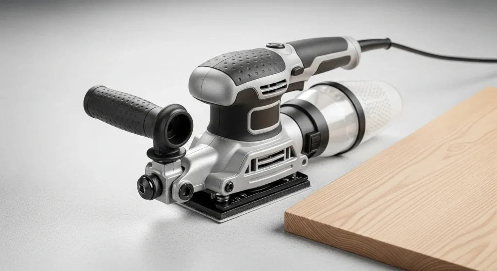 A close-up of an electric eccentric sander with its dust collection system visible, next to a piece of smooth, polished wood.
