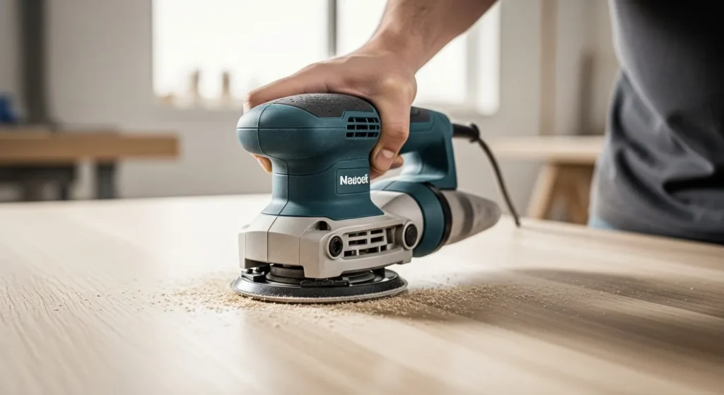 A person's hand holding a power sander with a dust collection system, sanding a smooth wooden surface.