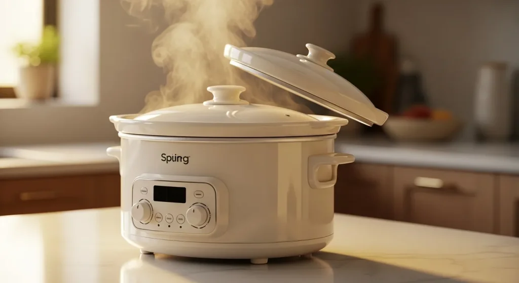 A ceramic slow cooker with a slightly open lid, emitting steam, sits on a kitchen counter.