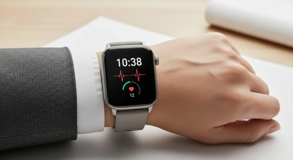 A close-up of a smartwatch on a person's wrist.