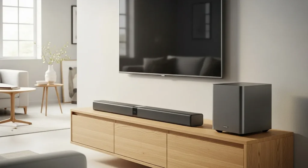 A modern soundbar and wireless subwoofer are positioned in a living room beneath a flat-screen television.