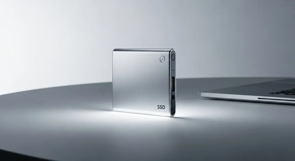 A small, metallic external solid-state drive rests on a table.