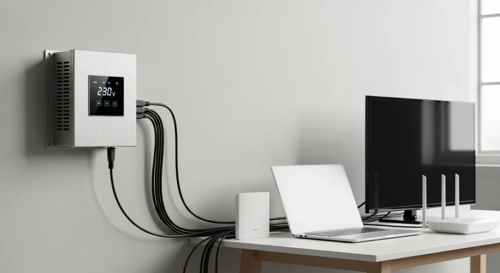 A compact, metallic voltage stabilizer mounted on a wall, showing a digital display, with electronic devices plugged into it.