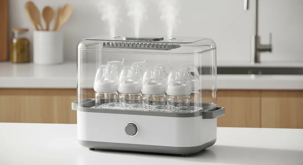 A white electric baby bottle sterilizer with six clean baby bottles inside.