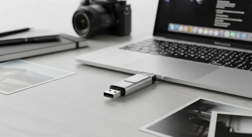 A metallic USB flash drive lies on a table next to a laptop computer and other accessories.