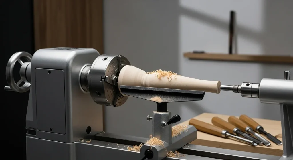 A wood lathe with a partially shaped piece of wood in its chuck, surrounded by woodworking tools in a workshop setting.